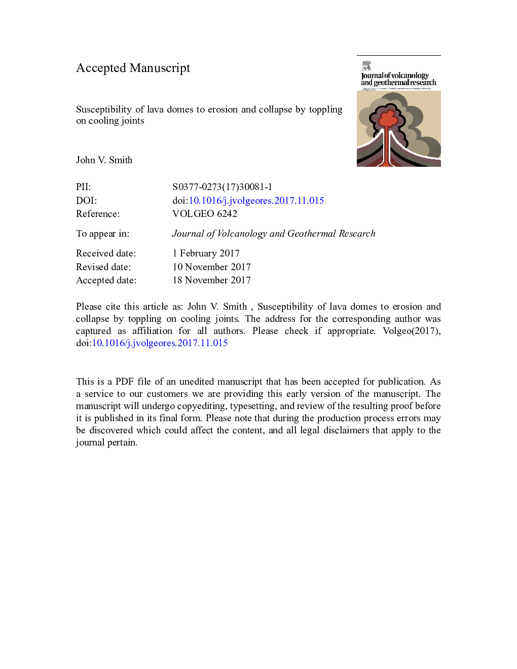 Susceptibility of lava domes to erosion and collapse by toppling on cooling joints