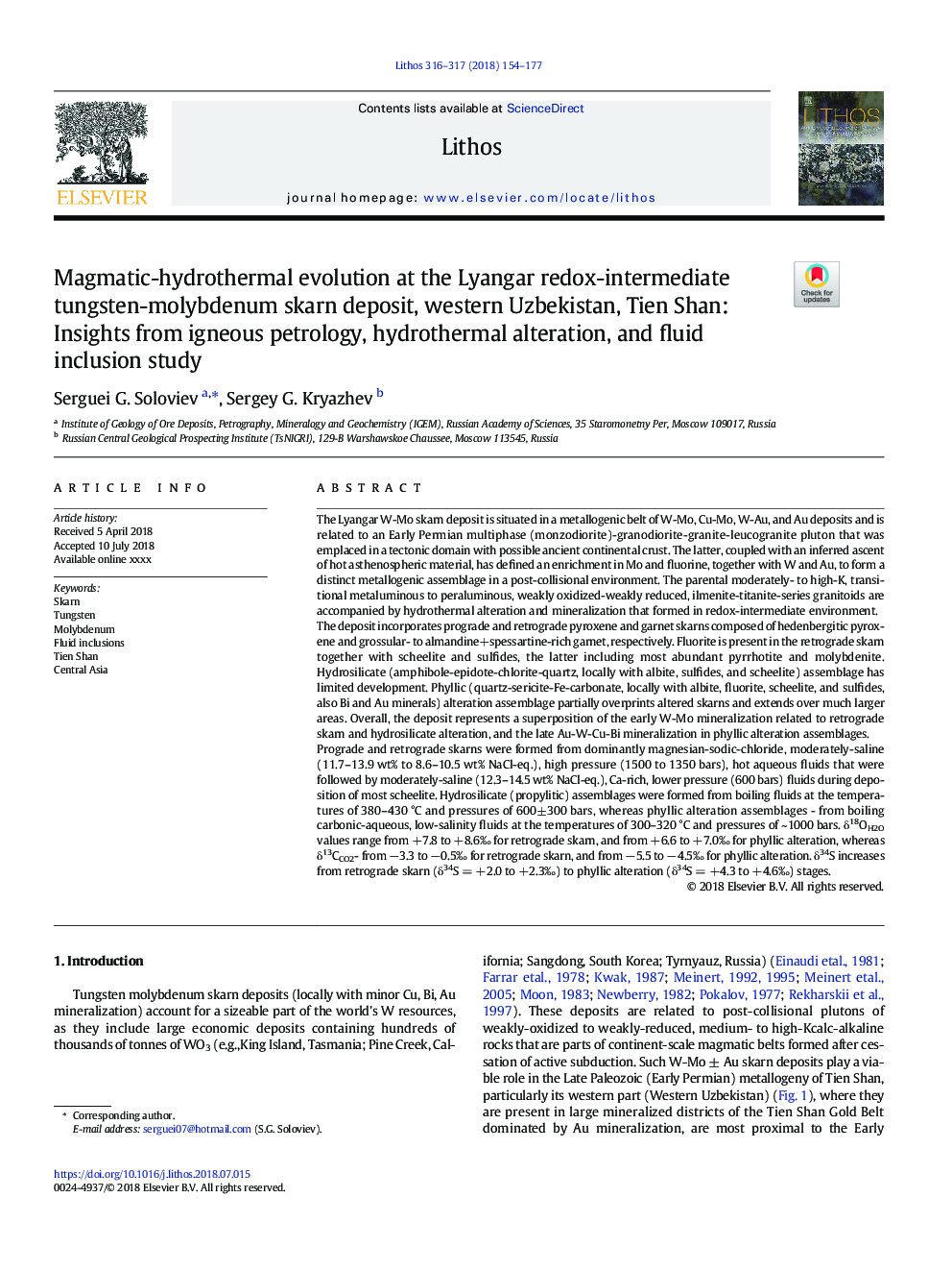 Magmatic-hydrothermal evolution at the Lyangar redox-intermediate tungsten-molybdenum skarn deposit, western Uzbekistan, Tien Shan: Insights from igneous petrology, hydrothermal alteration, and fluid inclusion study