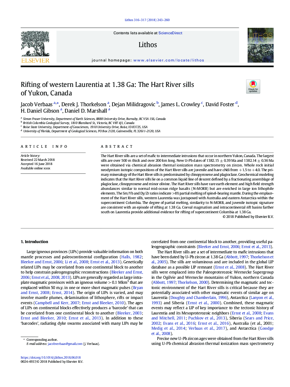 عکس صفحه اول مقاله: Rifting of western Laurentia at 1.38 Ga: The Hart River sills of Yukon, Canada Rifting of western Laurentia at 1.38 Ga: The Hart River sills of Yukon, Canada