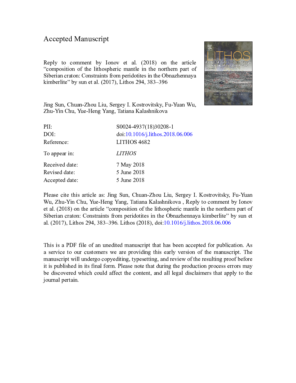 Reply to comment by Ionov et al. (2018) on the article “Composition of the lithospheric mantle in the northern part of Siberian craton: Constraints from peridotites in the Obnazhennaya kimberlite” by Sun et al. (2017), Lithos 294, 383-396