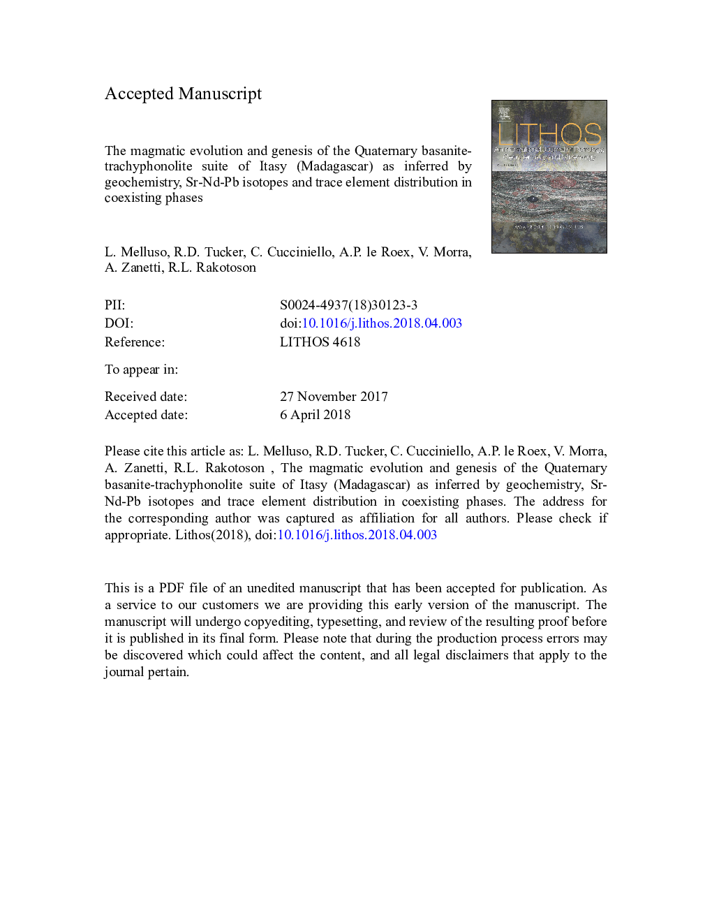 The magmatic evolution and genesis of the Quaternary basanite-trachyphonolite suite of Itasy (Madagascar) as inferred by geochemistry, Sr-Nd-Pb isotopes and trace element distribution in coexisting phases