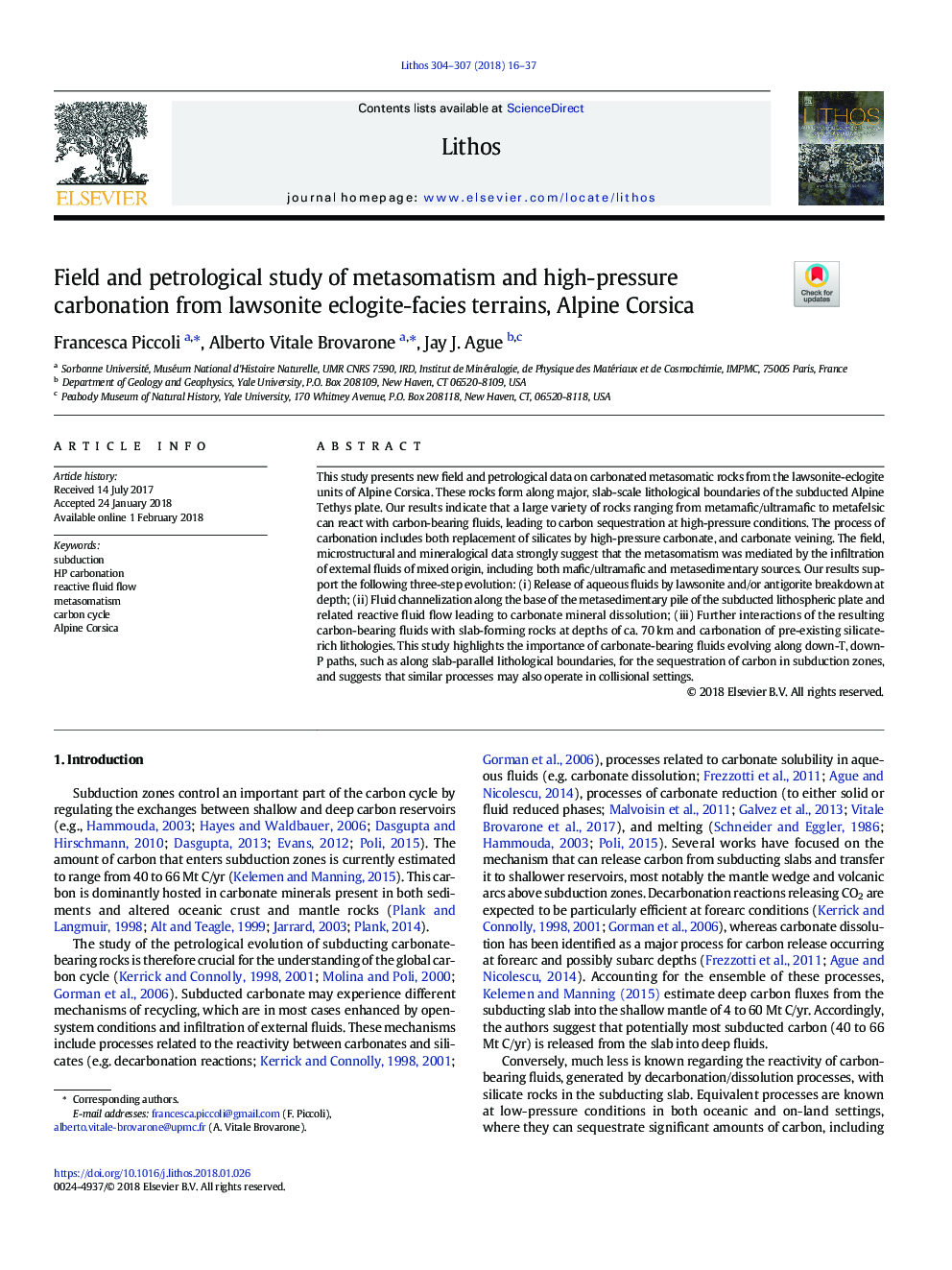 Field and petrological study of metasomatism and high-pressure carbonation from lawsonite eclogite-facies terrains, Alpine Corsica