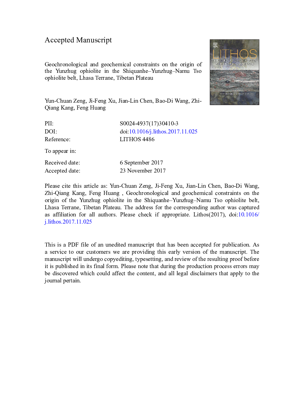 Geochronological and geochemical constraints on the origin of the Yunzhug ophiolite in the Shiquanhe-Yunzhug-Namu Tso ophiolite belt, Lhasa Terrane, Tibetan Plateau