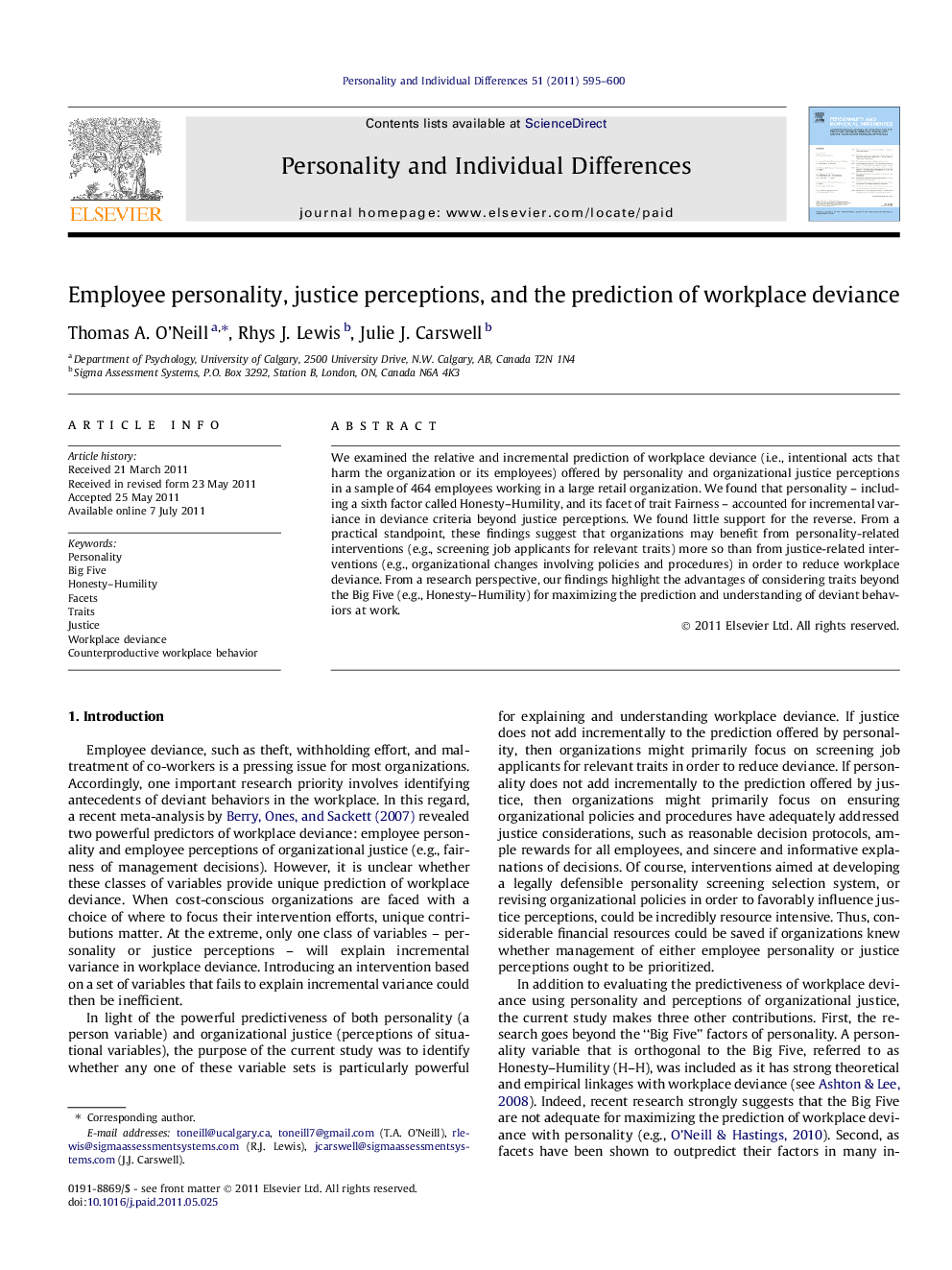 Employee personality, justice perceptions, and the prediction of workplace deviance