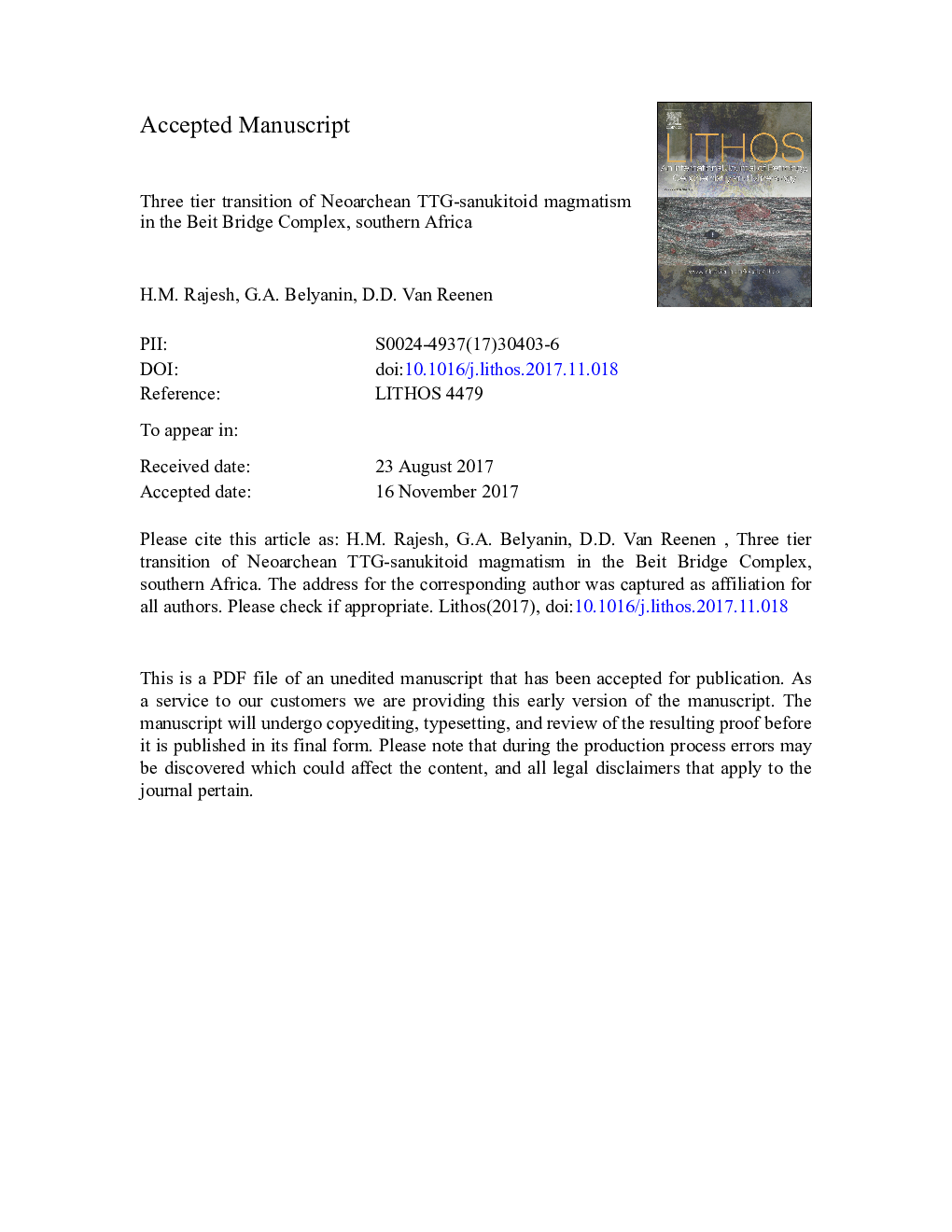 Three tier transition of Neoarchean TTG-sanukitoid magmatism in the Beit Bridge Complex, Southern Africa