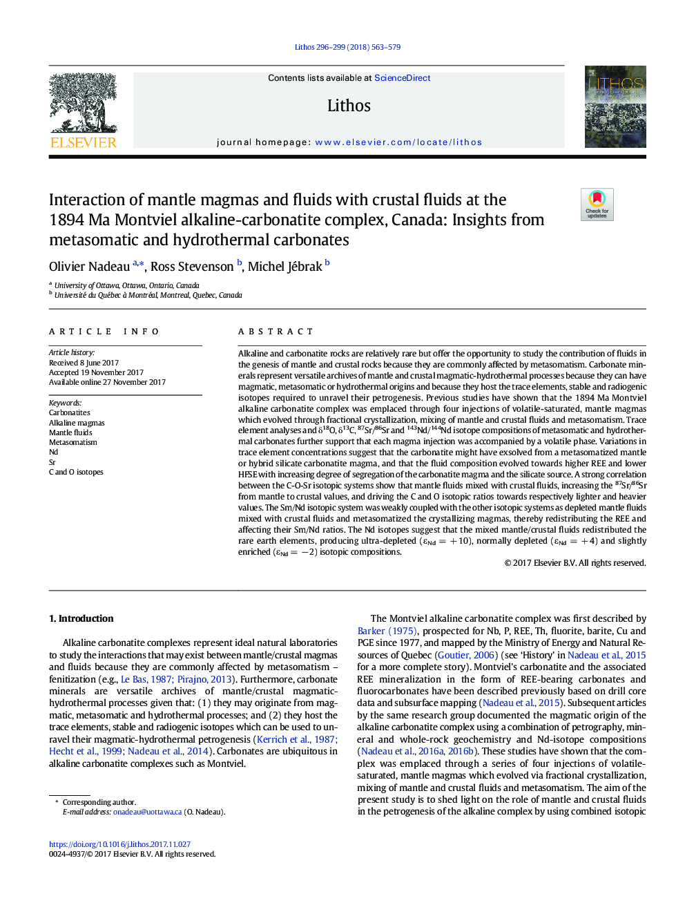 Interaction of mantle magmas and fluids with crustal fluids at the 1894Â Ma Montviel alkaline-carbonatite complex, Canada: Insights from metasomatic and hydrothermal carbonates