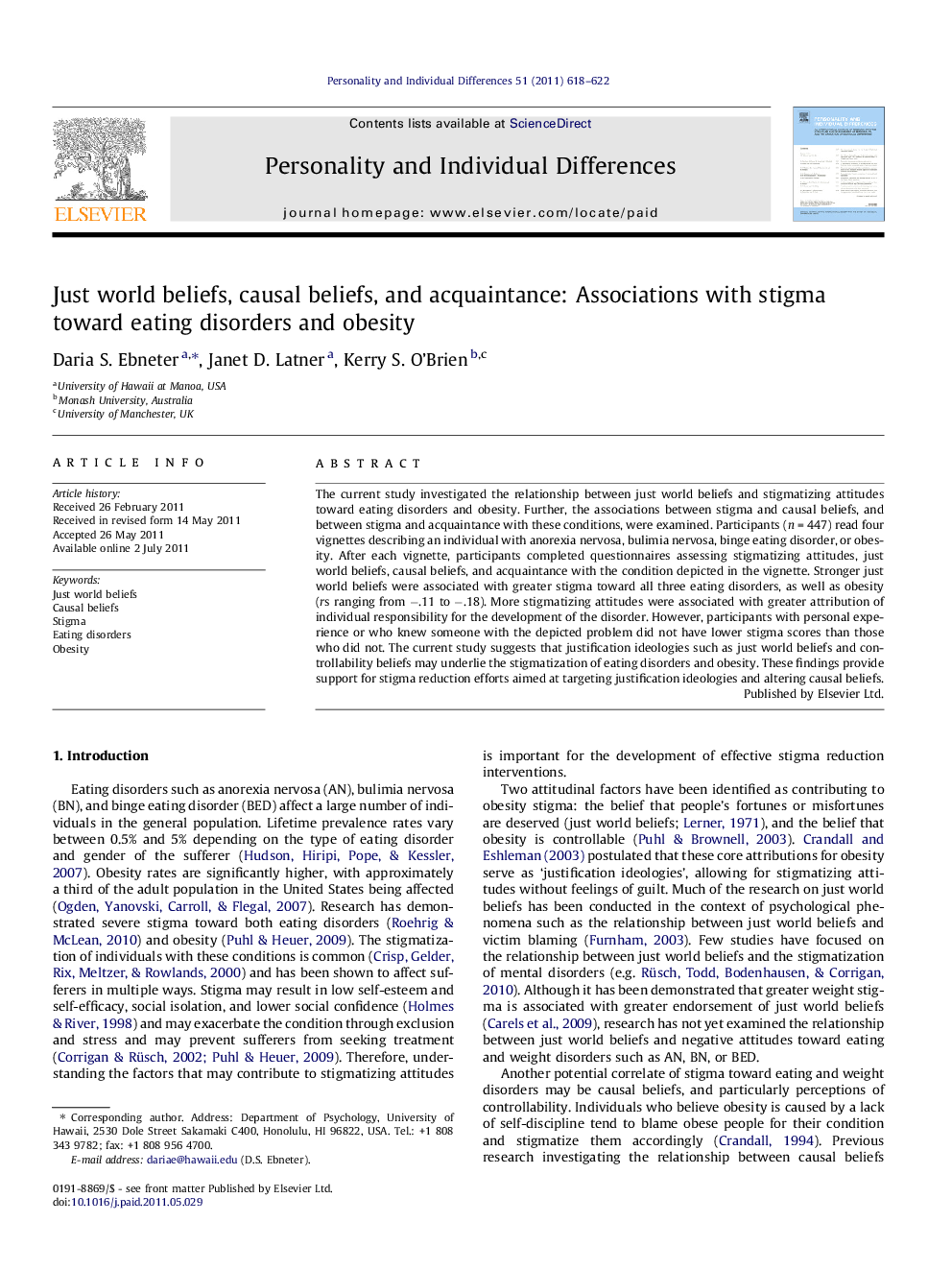 Just world beliefs, causal beliefs, and acquaintance: Associations with stigma toward eating disorders and obesity