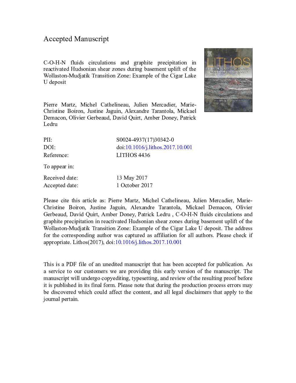 C-O-H-N fluids circulations and graphite precipitation in reactivated Hudsonian shear zones during basement uplift of the Wollaston-Mudjatik Transition Zone: Example of the Cigar Lake U deposit