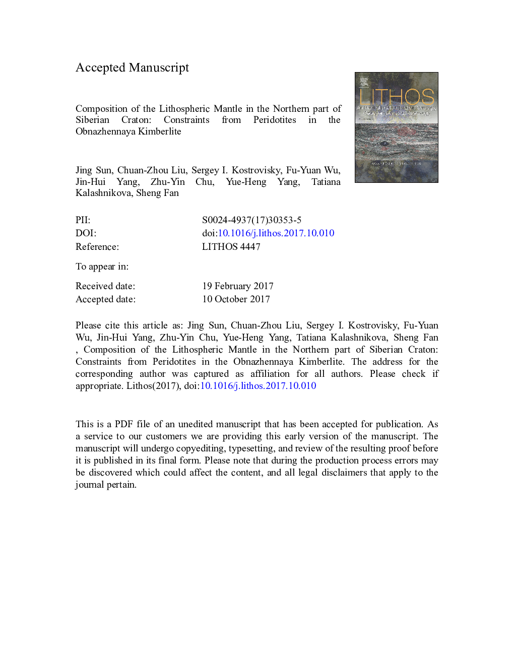 Composition of the lithospheric mantle in the northern part of Siberian craton: Constraints from peridotites in the Obnazhennaya kimberlite