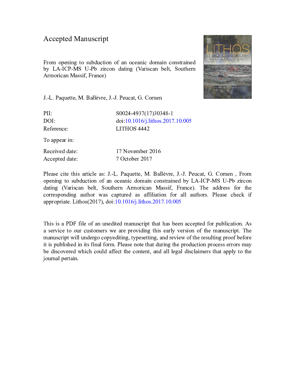 From opening to subduction of an oceanic domain constrained by LA-ICP-MS U-Pb zircon dating (Variscan belt, Southern Armorican Massif, France)