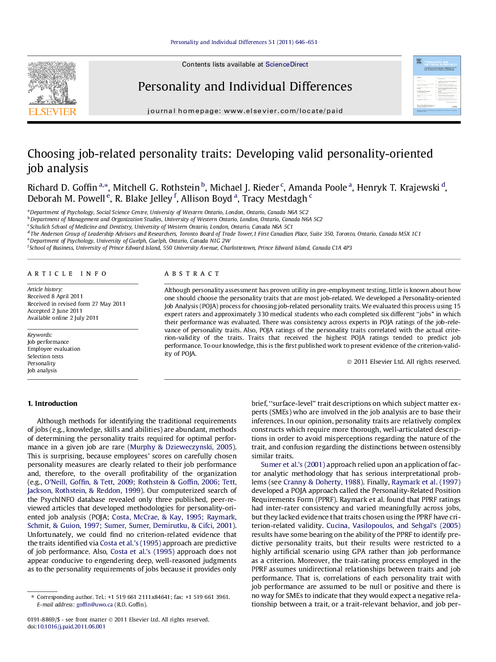 Choosing job-related personality traits: Developing valid personality-oriented job analysis