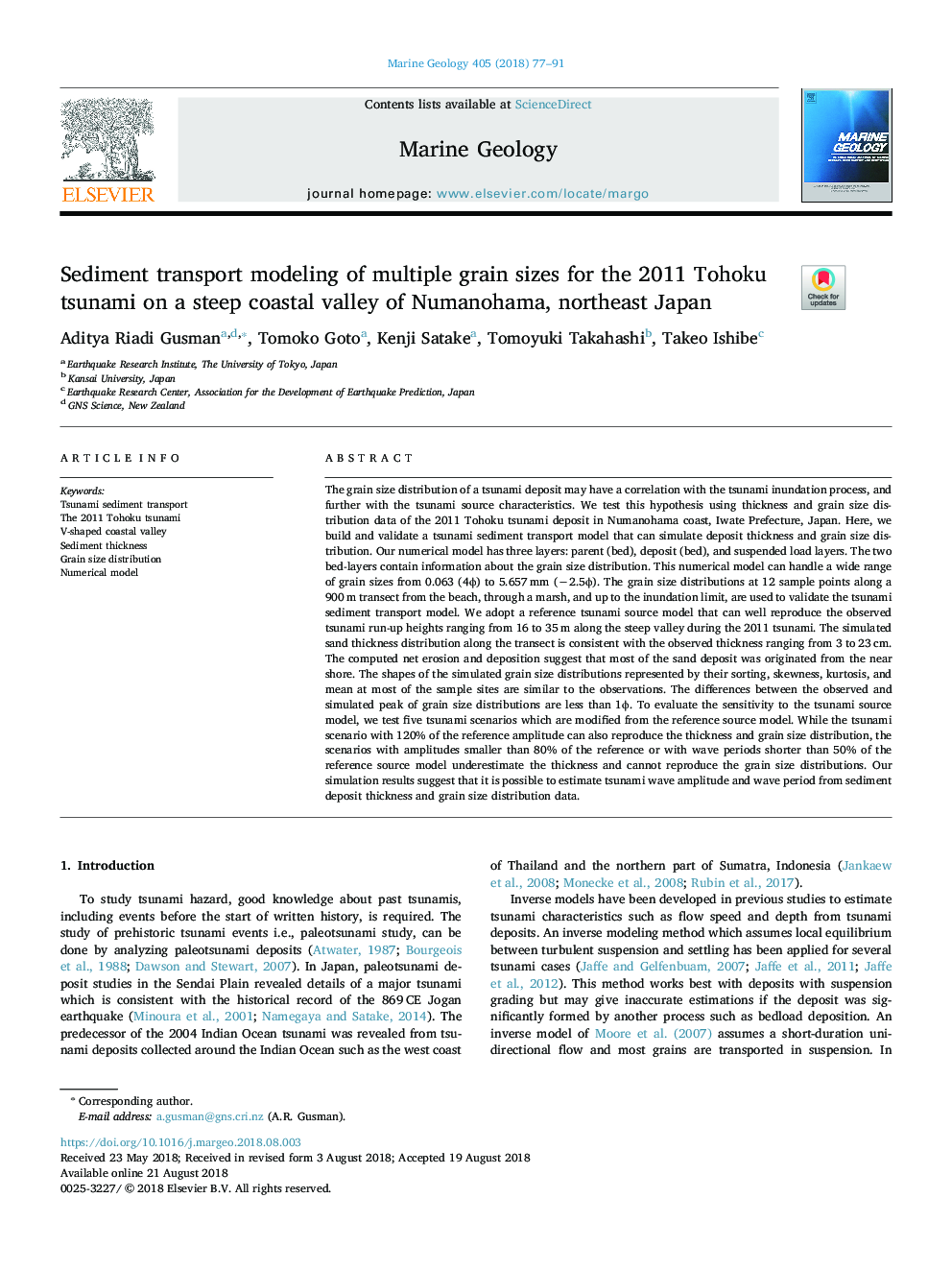 Sediment transport modeling of multiple grain sizes for the 2011 Tohoku tsunami on a steep coastal valley of Numanohama, northeast Japan