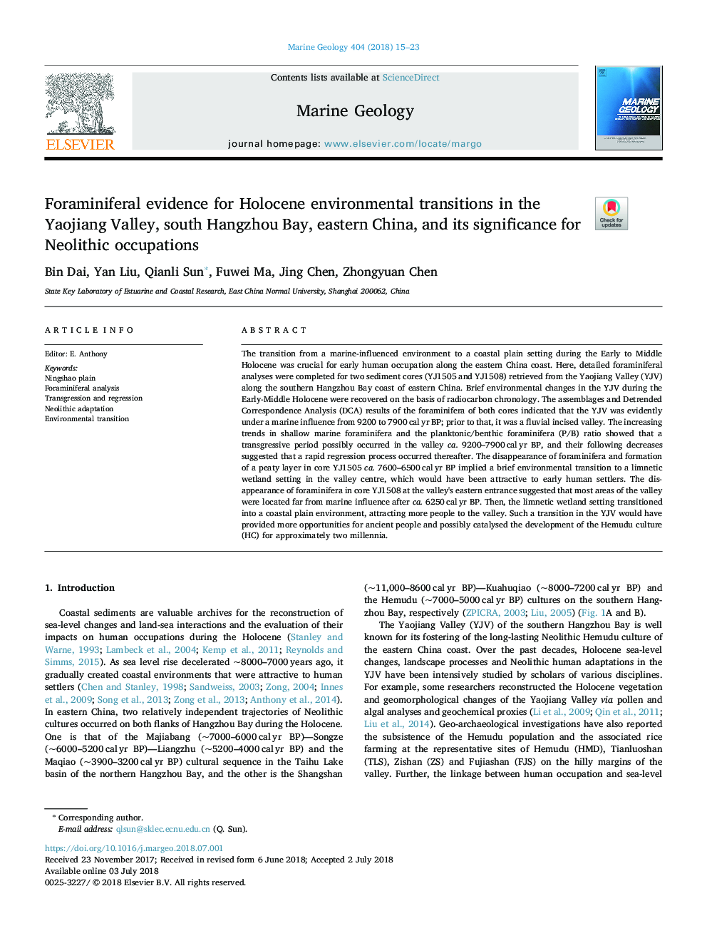 Foraminiferal evidence for Holocene environmental transitions in the Yaojiang Valley, south Hangzhou Bay, eastern China, and its significance for Neolithic occupations