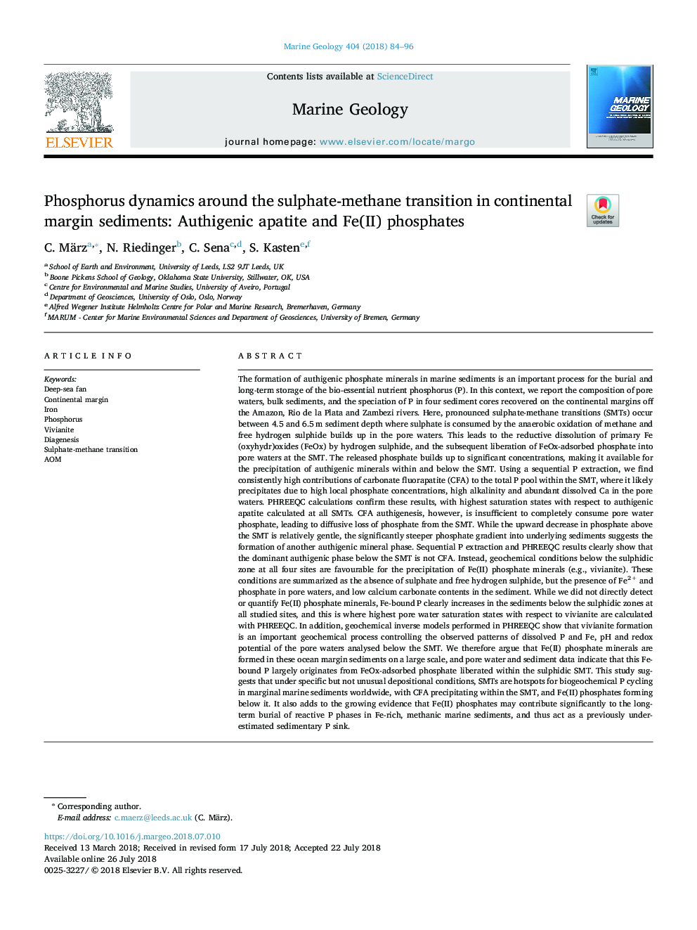 Phosphorus dynamics around the sulphate-methane transition in continental margin sediments: Authigenic apatite and Fe(II) phosphates