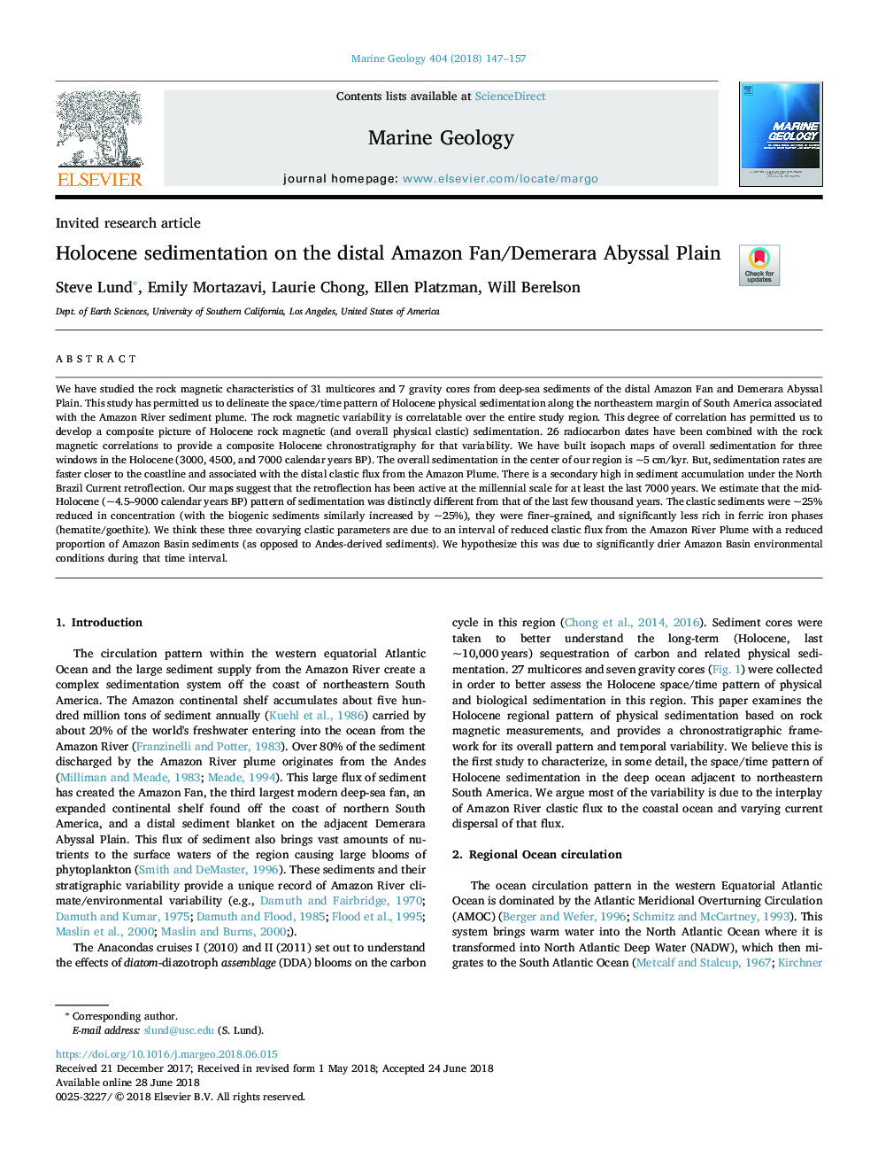 Holocene sedimentation on the distal Amazon Fan/Demerara Abyssal Plain