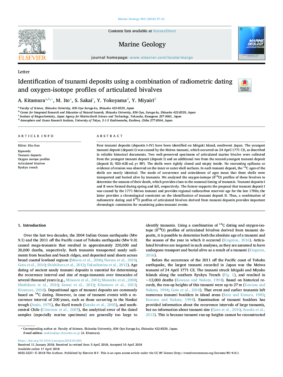 Identification of tsunami deposits using a combination of radiometric dating and oxygen-isotope profiles of articulated bivalves