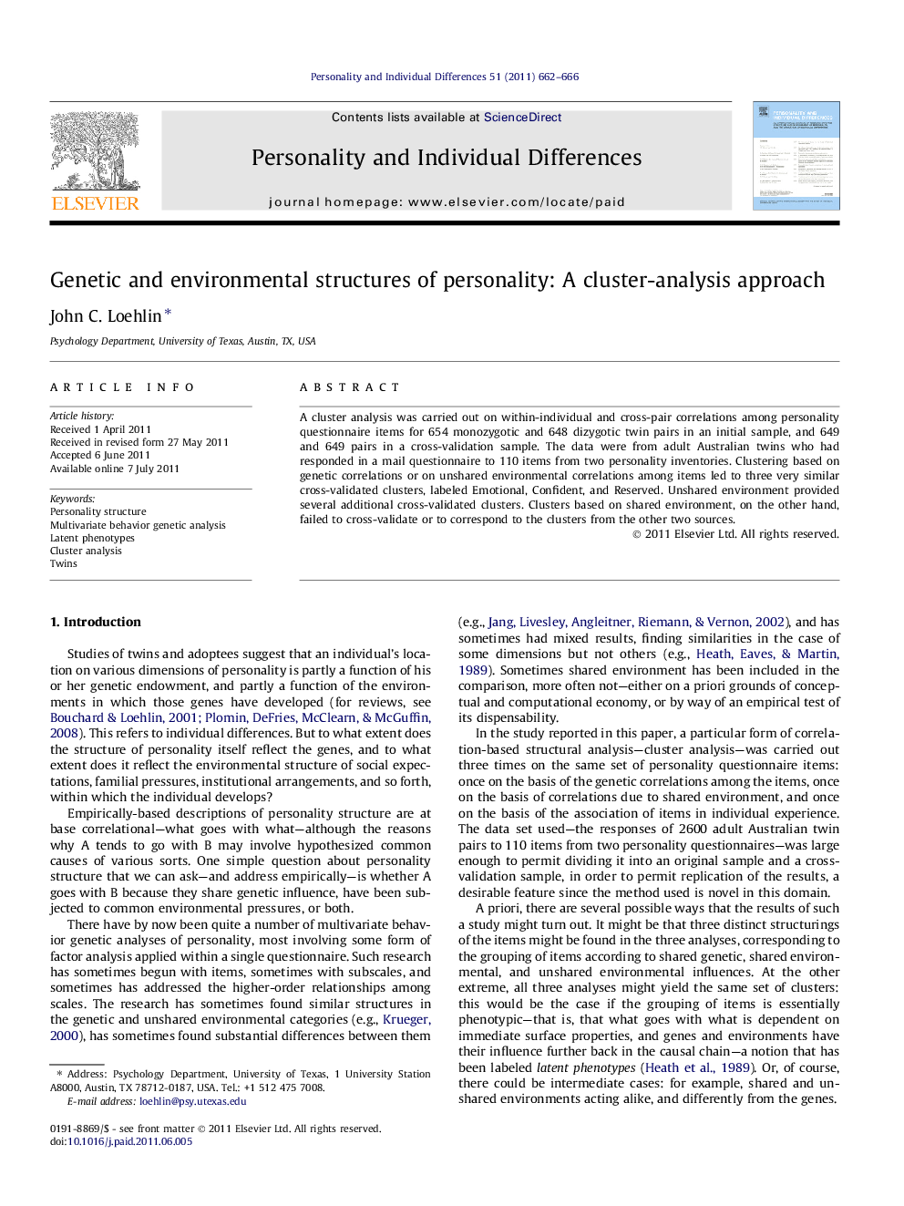 Genetic and environmental structures of personality: A cluster-analysis approach