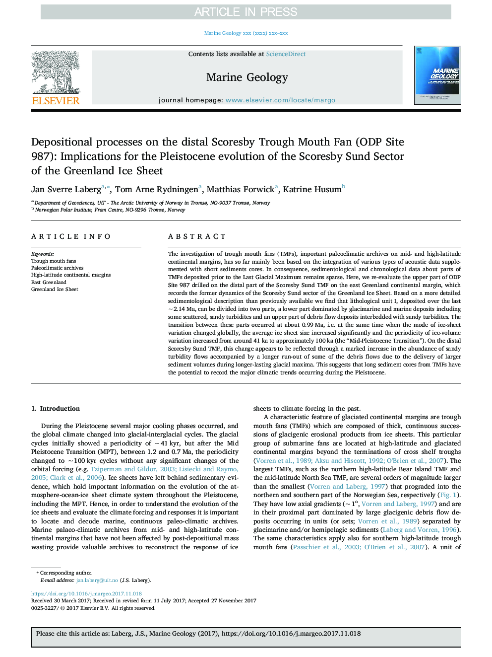 Depositional processes on the distal Scoresby Trough Mouth Fan (ODP Site 987): Implications for the Pleistocene evolution of the Scoresby Sund Sector of the Greenland Ice Sheet