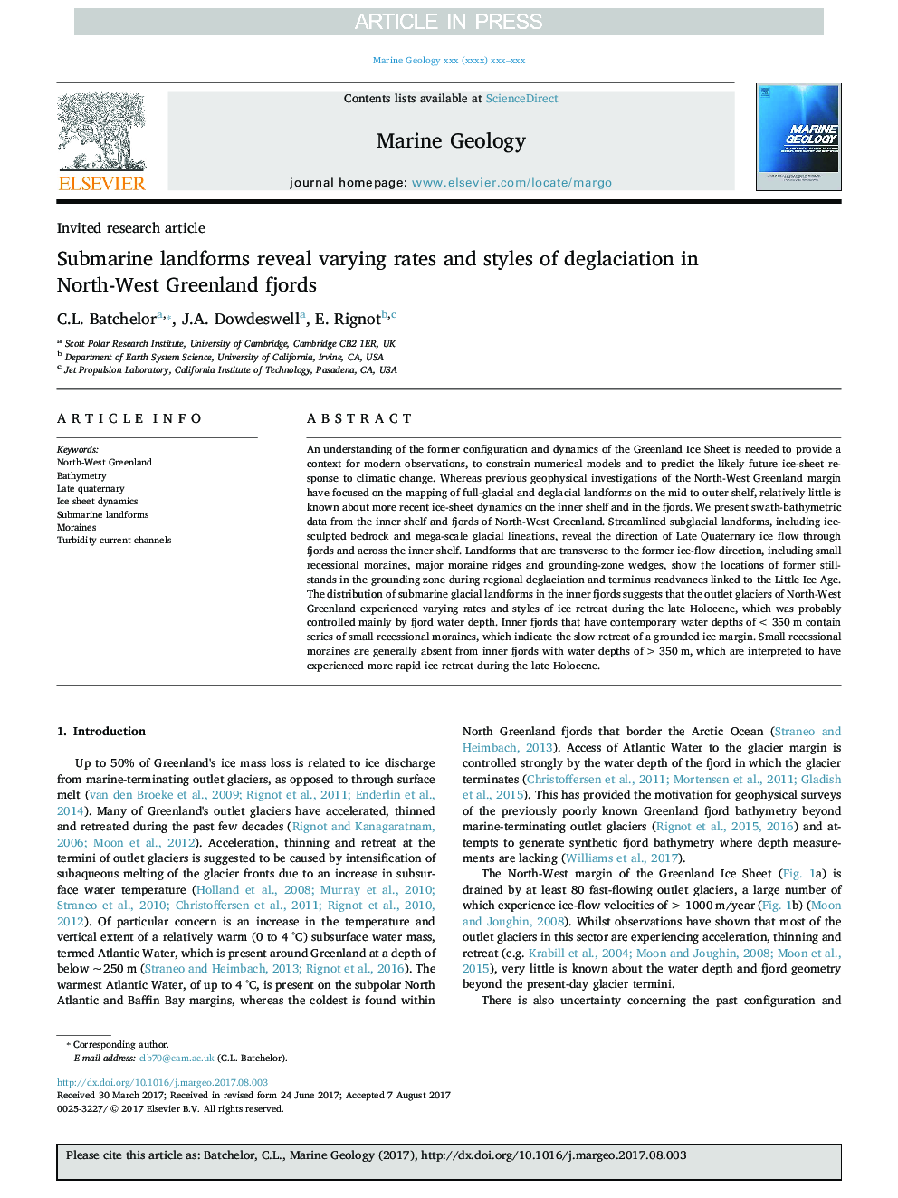 Submarine landforms reveal varying rates and styles of deglaciation in North-West Greenland fjords