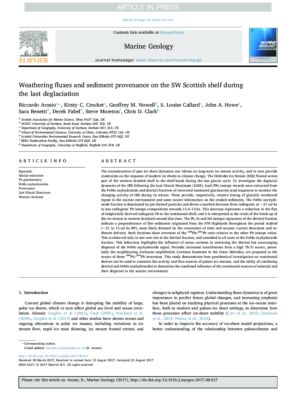 عکس صفحه اول مقاله: Weathering fluxes and sediment provenance on the SW Scottish shelf during the last deglaciation Weathering fluxes and sediment provenance on the SW Scottish shelf during the last deglaciation