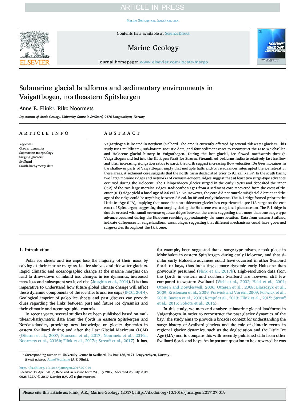 Submarine glacial landforms and sedimentary environments in Vaigattbogen, northeastern Spitsbergen