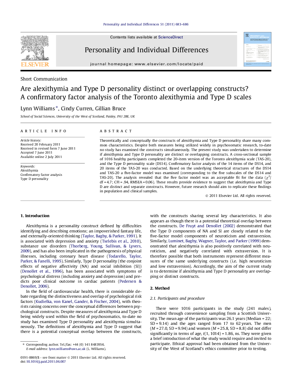 Are alexithymia and Type D personality distinct or overlapping constructs? A confirmatory factor analysis of the Toronto alexithymia and Type D scales