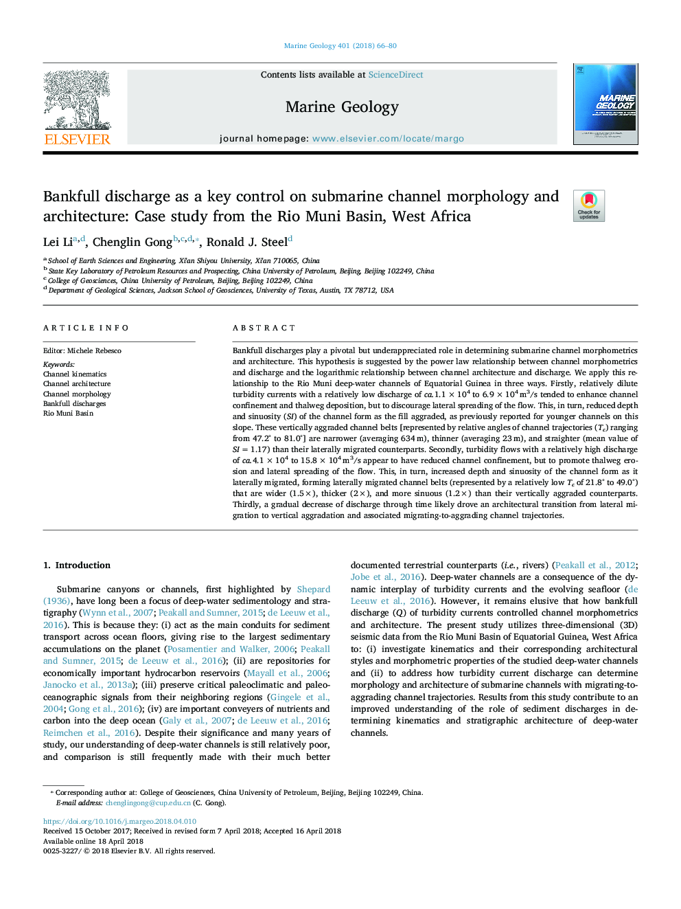 Bankfull discharge as a key control on submarine channel morphology and architecture: Case study from the Rio Muni Basin, West Africa