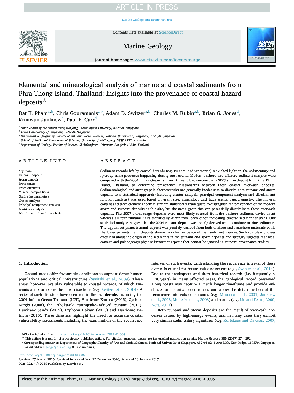 Reprint of 'Elemental and mineralogical analysis of marine and coastal sediments from Phra Thong Island, Thailand: Insights into the provenance of coastal hazard deposits'