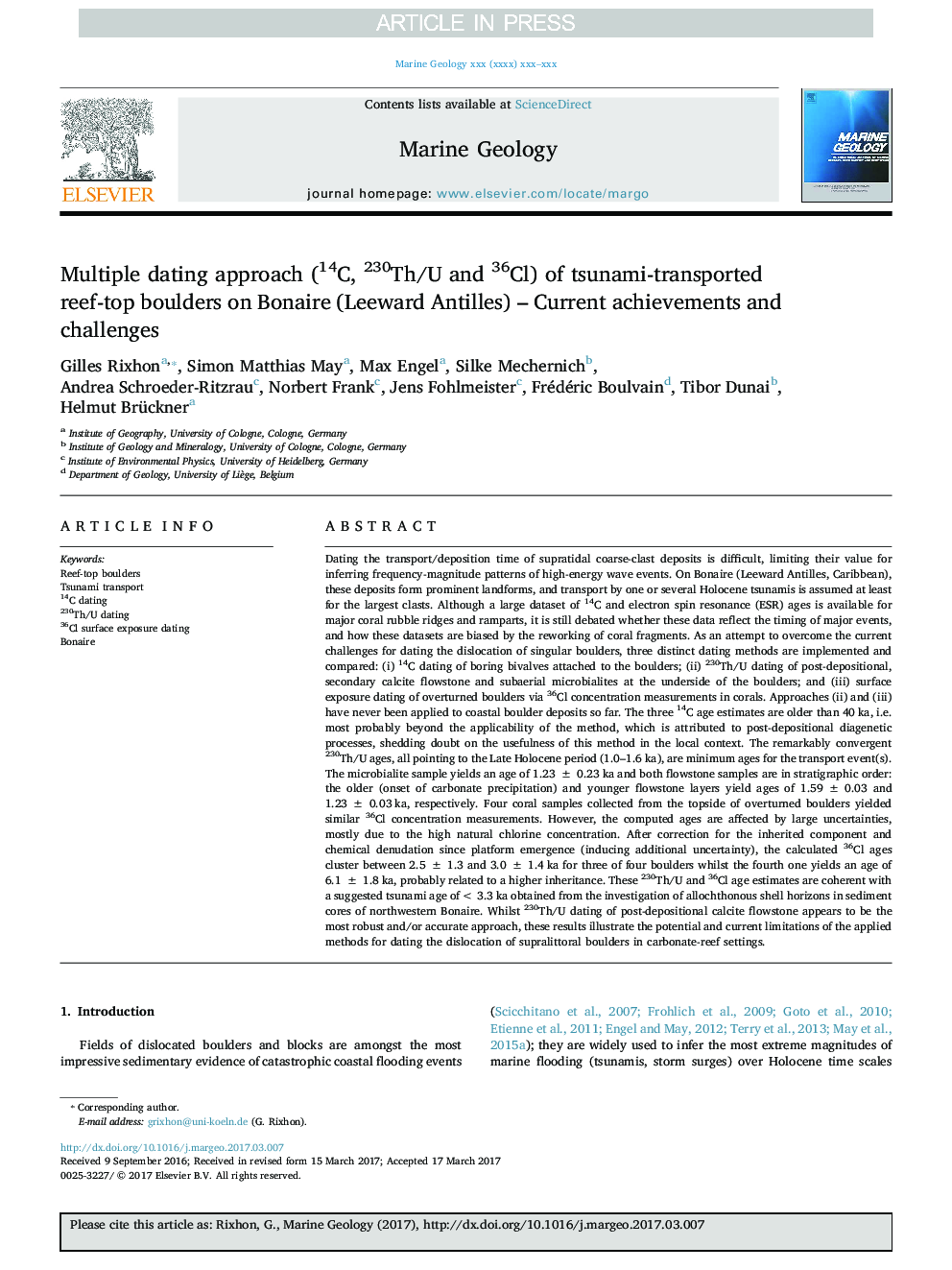 Multiple dating approach (14C, 230Th/U and 36Cl) of tsunami-transported reef-top boulders on Bonaire (Leeward Antilles) - Current achievements and challenges