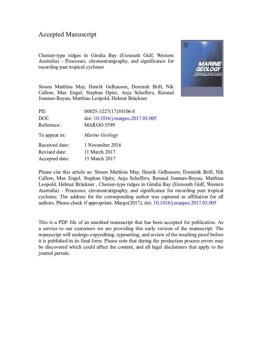 Chenier-type ridges in Giralia Bay (Exmouth Gulf, Western Australia) - Processes, chronostratigraphy, and significance for recording past tropical cyclones