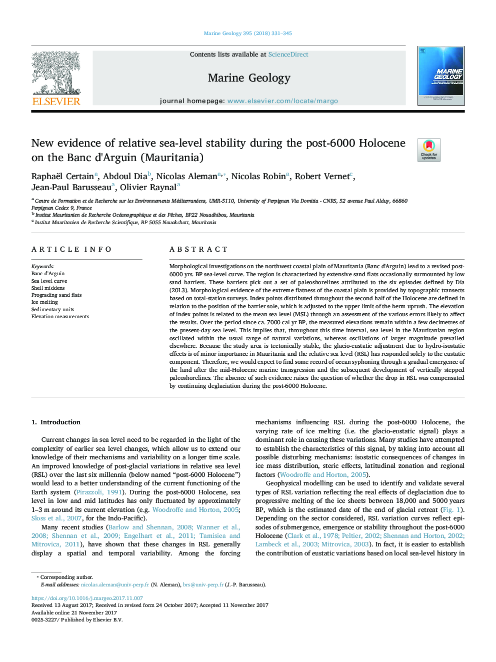 New evidence of relative sea-level stability during the post-6000 Holocene on the Banc d'Arguin (Mauritania)