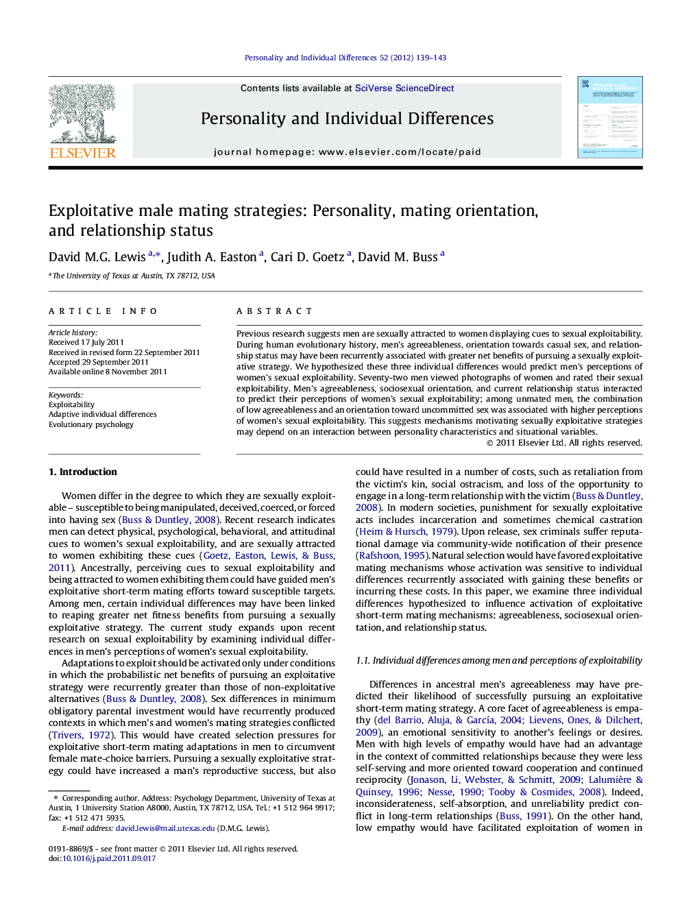 Exploitative male mating strategies: Personality, mating orientation, and relationship status