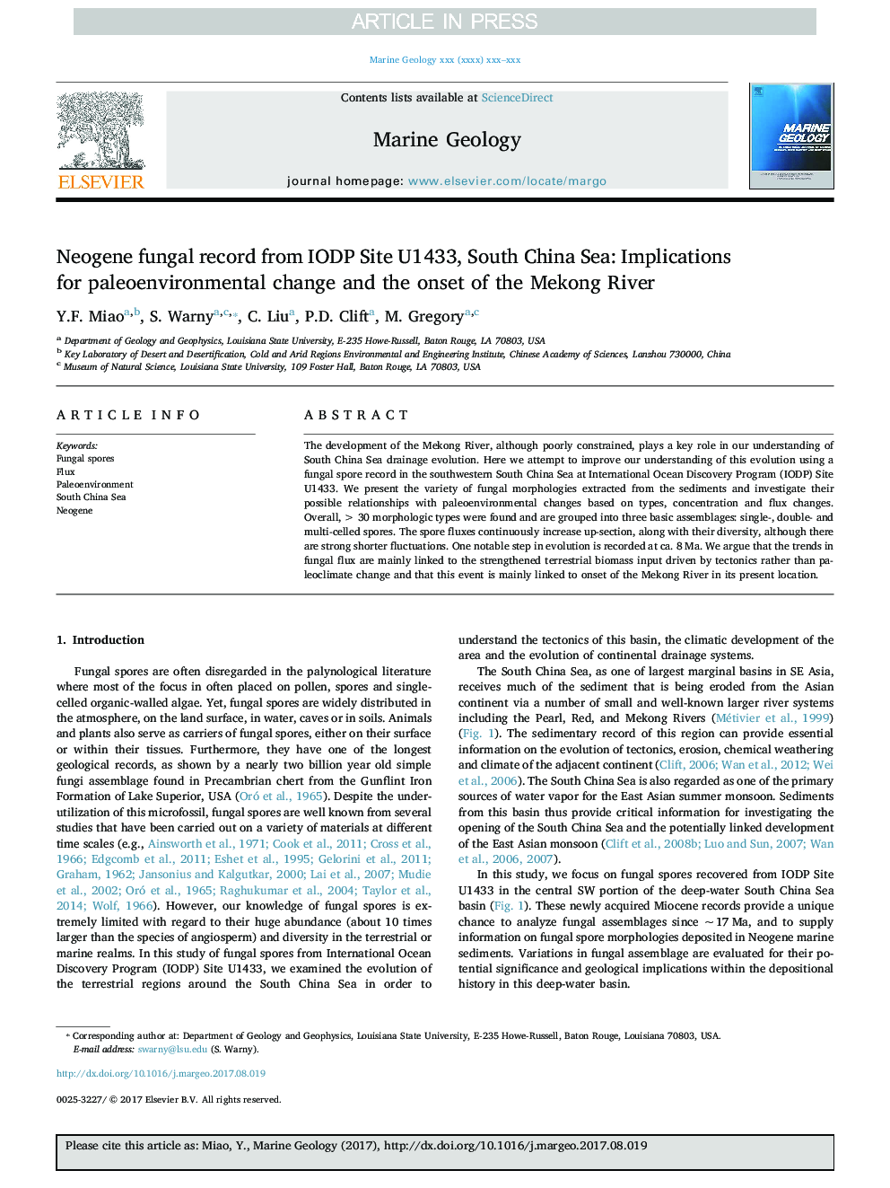 Neogene fungal record from IODP Site U1433, South China Sea: Implications for paleoenvironmental change and the onset of the Mekong River