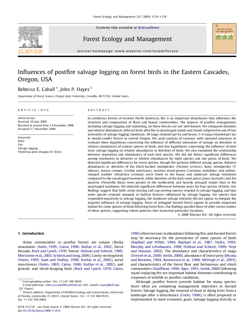 Influences of postfire salvage logging on forest birds in the Eastern Cascades, Oregon, USA