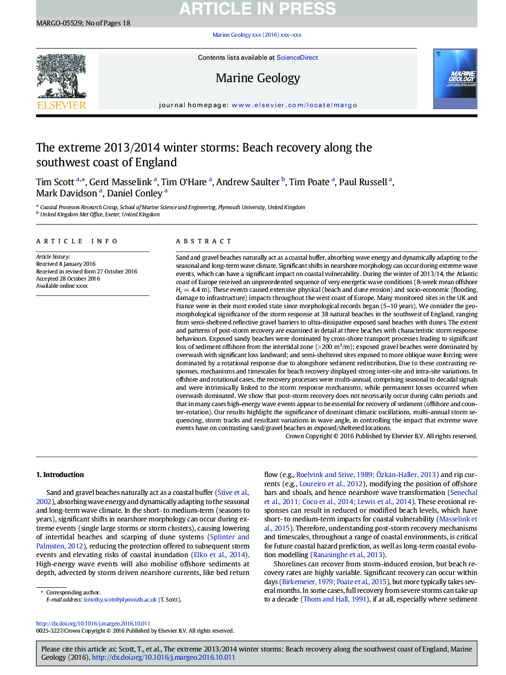 The extreme 2013/2014 winter storms: Beach recovery along the southwest coast of England