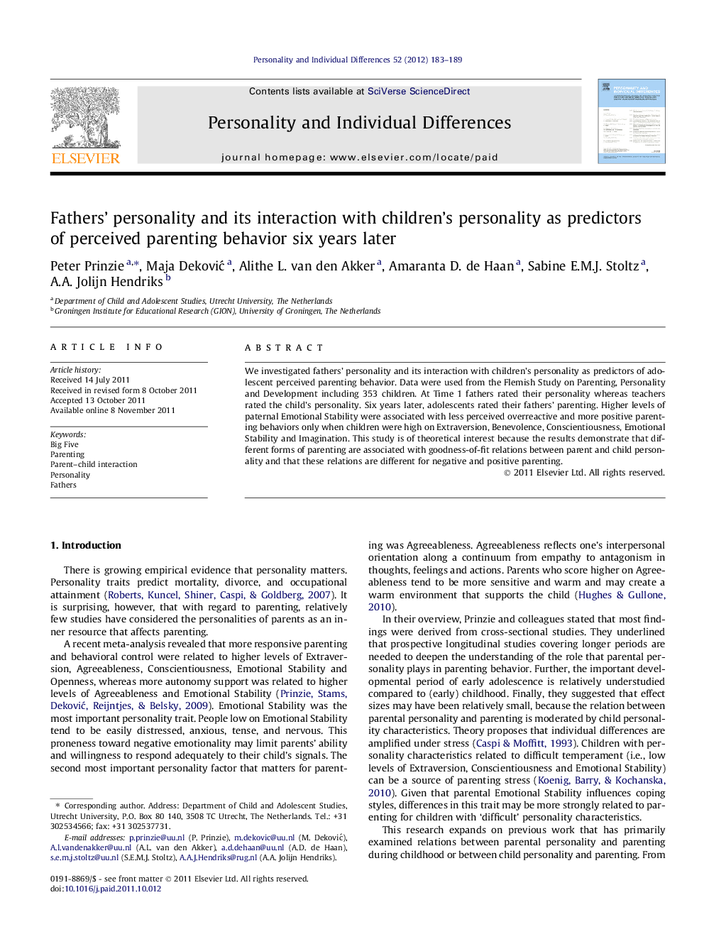 Fathers’ personality and its interaction with children’s personality as predictors of perceived parenting behavior six years later