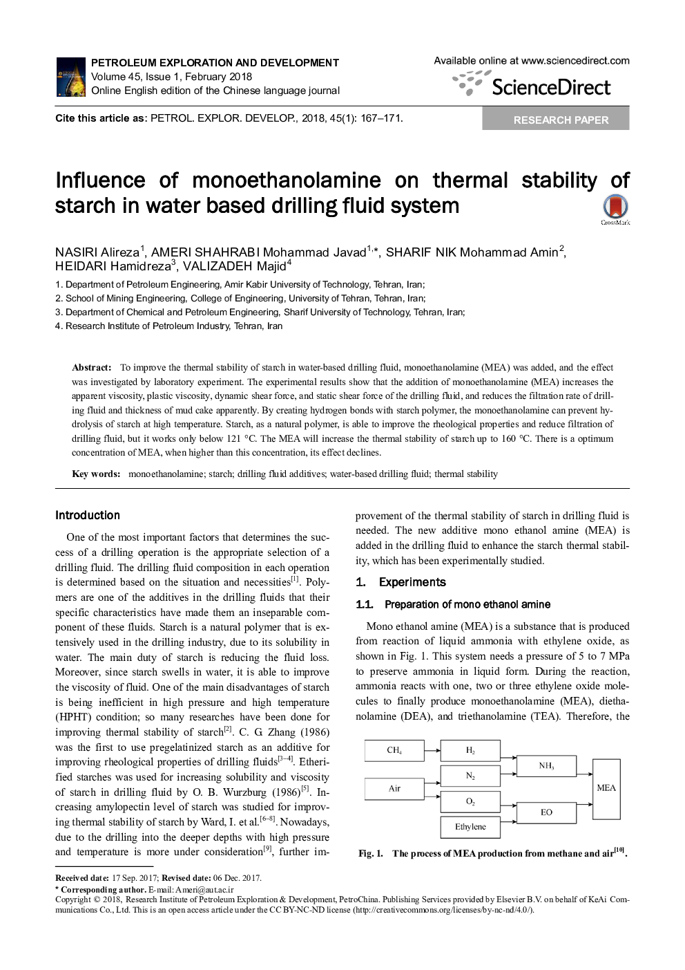 Influence of monoethanolamine on thermal stability of starch in water based drilling fluid system