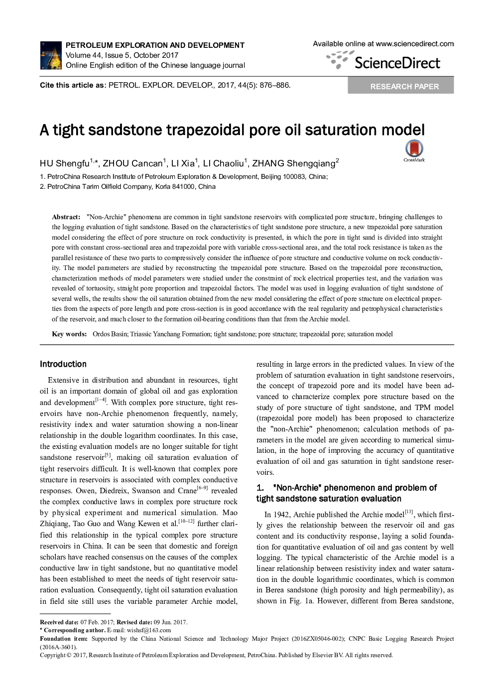 A tight sandstone trapezoidal pore oil saturation model