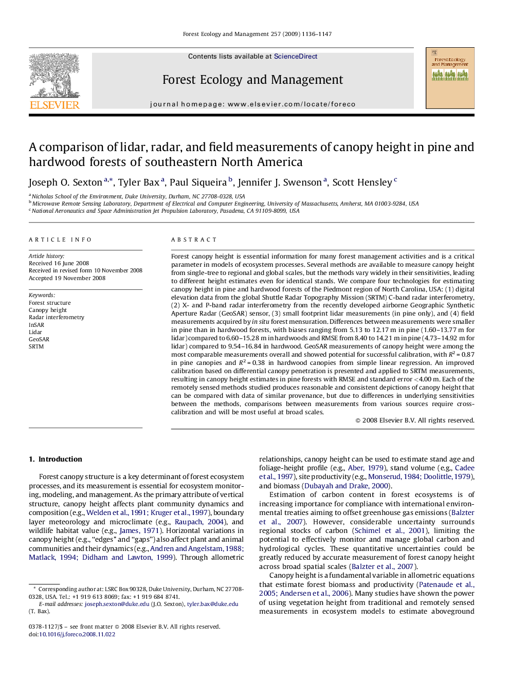 A comparison of lidar, radar, and field measurements of canopy height in pine and hardwood forests of southeastern North America