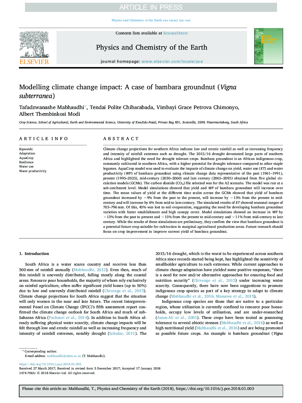 Modelling climate change impact: A case of bambara groundnut (Vigna subterranea)