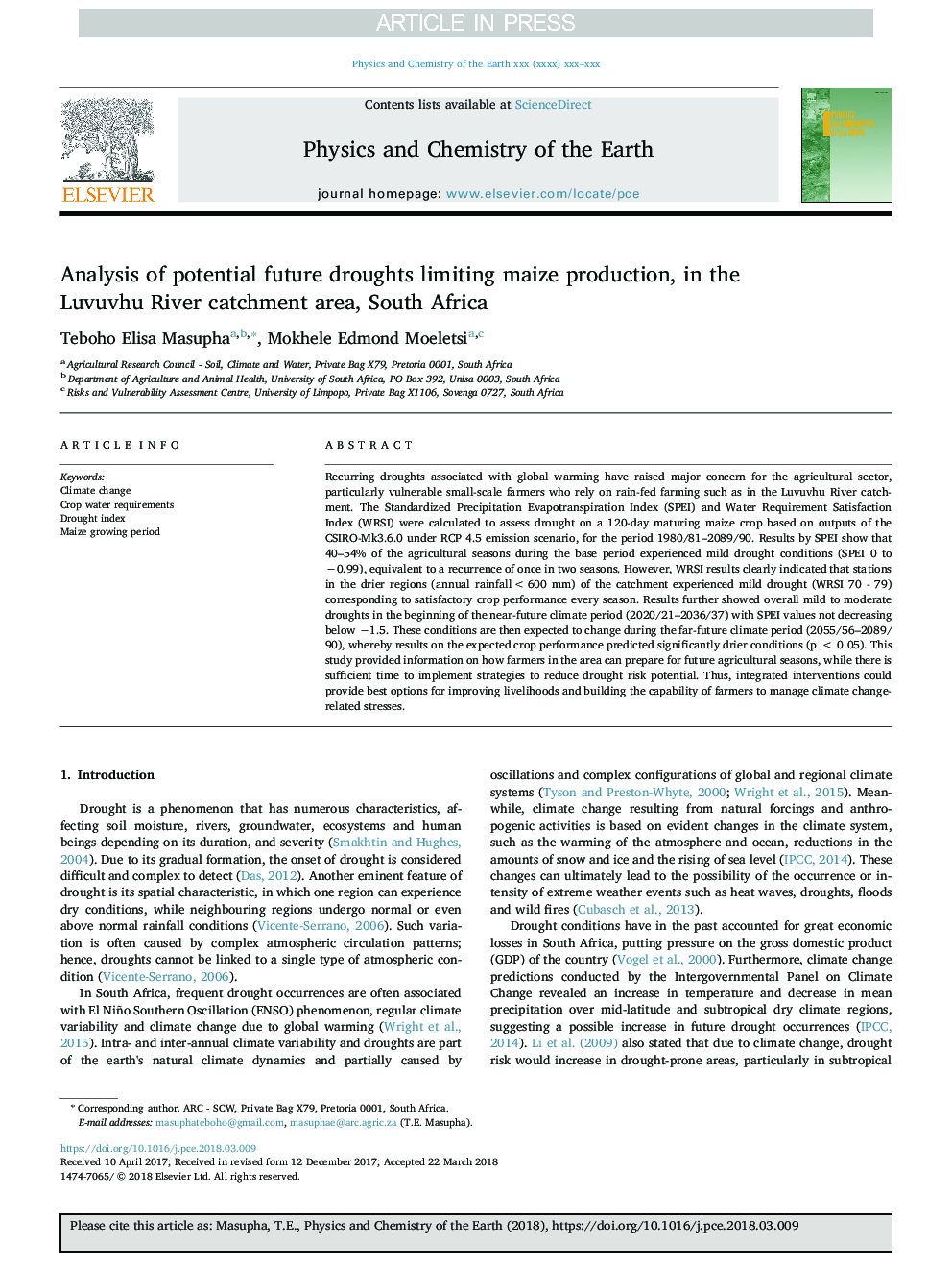 Analysis of potential future droughts limiting maize production, in the Luvuvhu River catchment area, South Africa