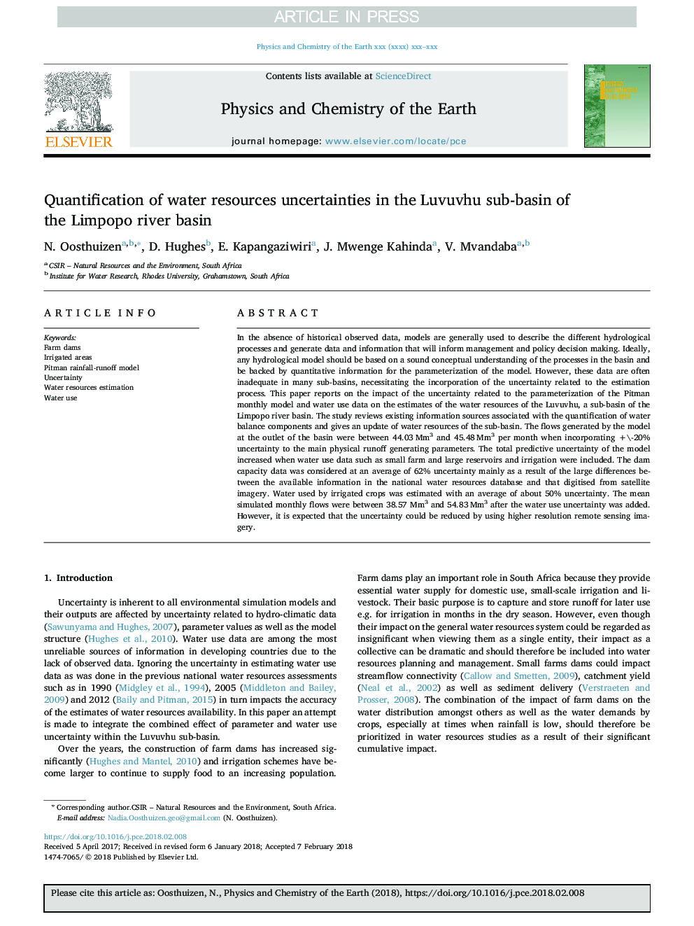 Quantification of water resources uncertainties in the Luvuvhu sub-basin of the Limpopo river basin