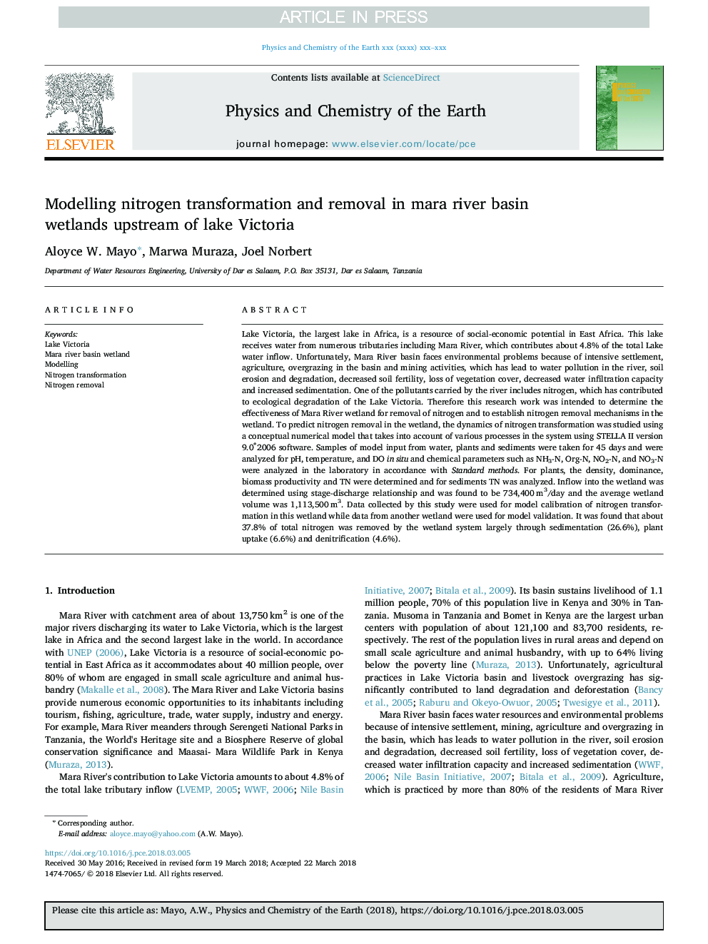 Modelling nitrogen transformation and removal in mara river basin wetlands upstream of lake Victoria