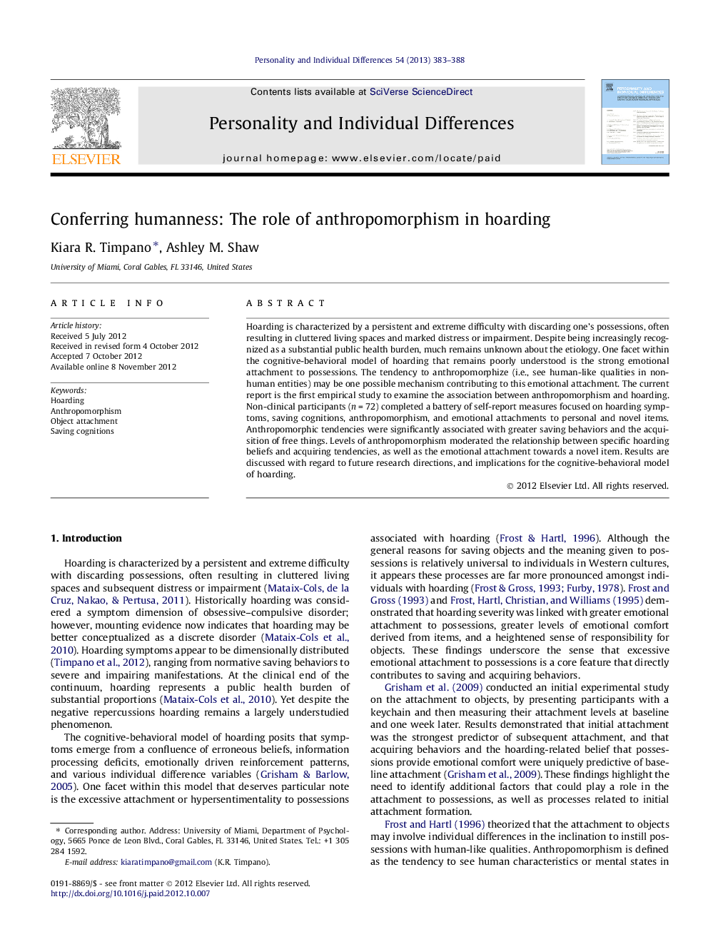 Conferring humanness: The role of anthropomorphism in hoarding