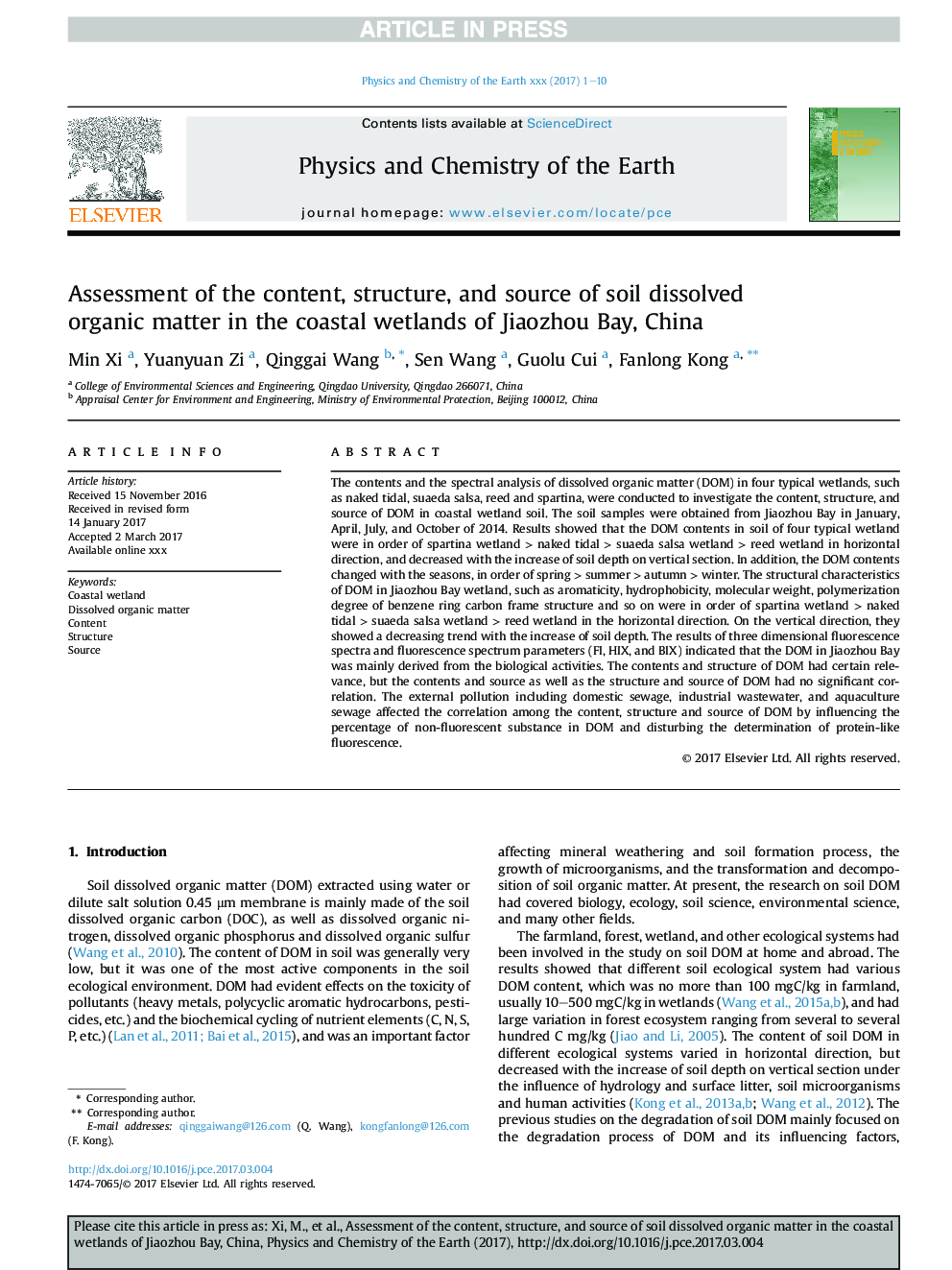 Assessment of the content, structure, and source of soil dissolved organic matter in the coastal wetlands of Jiaozhou Bay, China