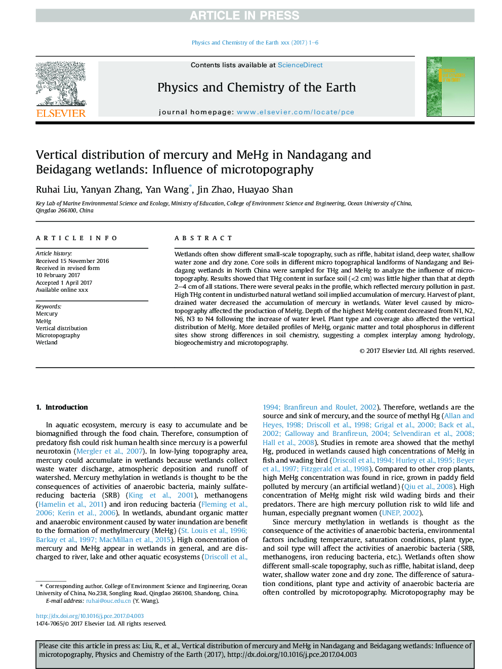 Vertical distribution of mercury and MeHg in Nandagang and Beidagang wetlands: Influence of microtopography