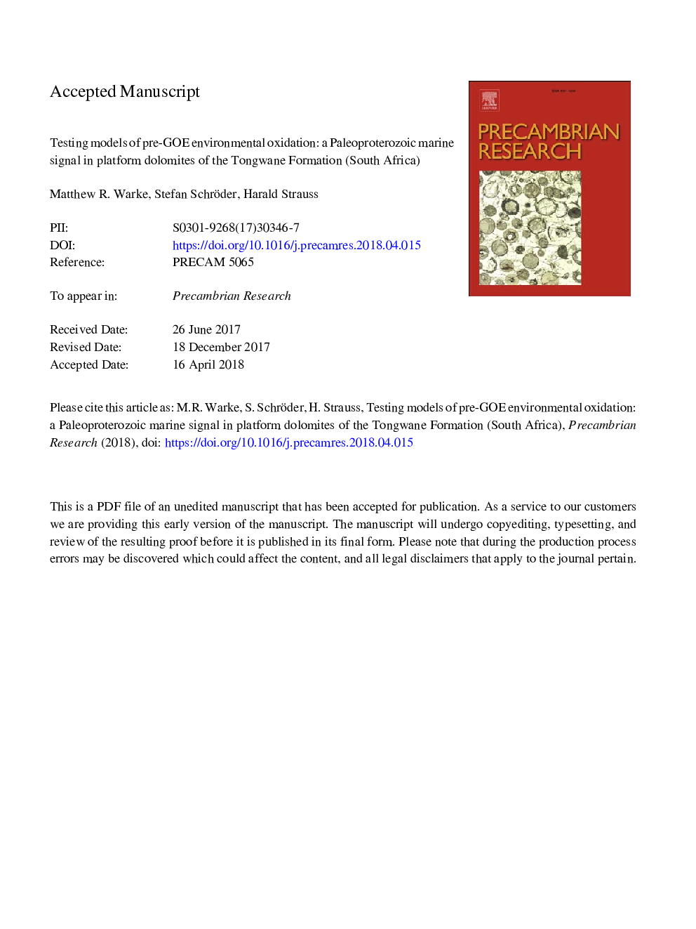 Testing models of pre-GOE environmental oxidation: A Paleoproterozoic marine signal in platform dolomites of the Tongwane Formation (South Africa)