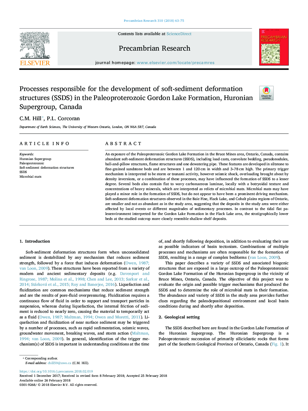 Processes responsible for the development of soft-sediment deformation structures (SSDS) in the Paleoproterozoic Gordon Lake Formation, Huronian Supergroup, Canada