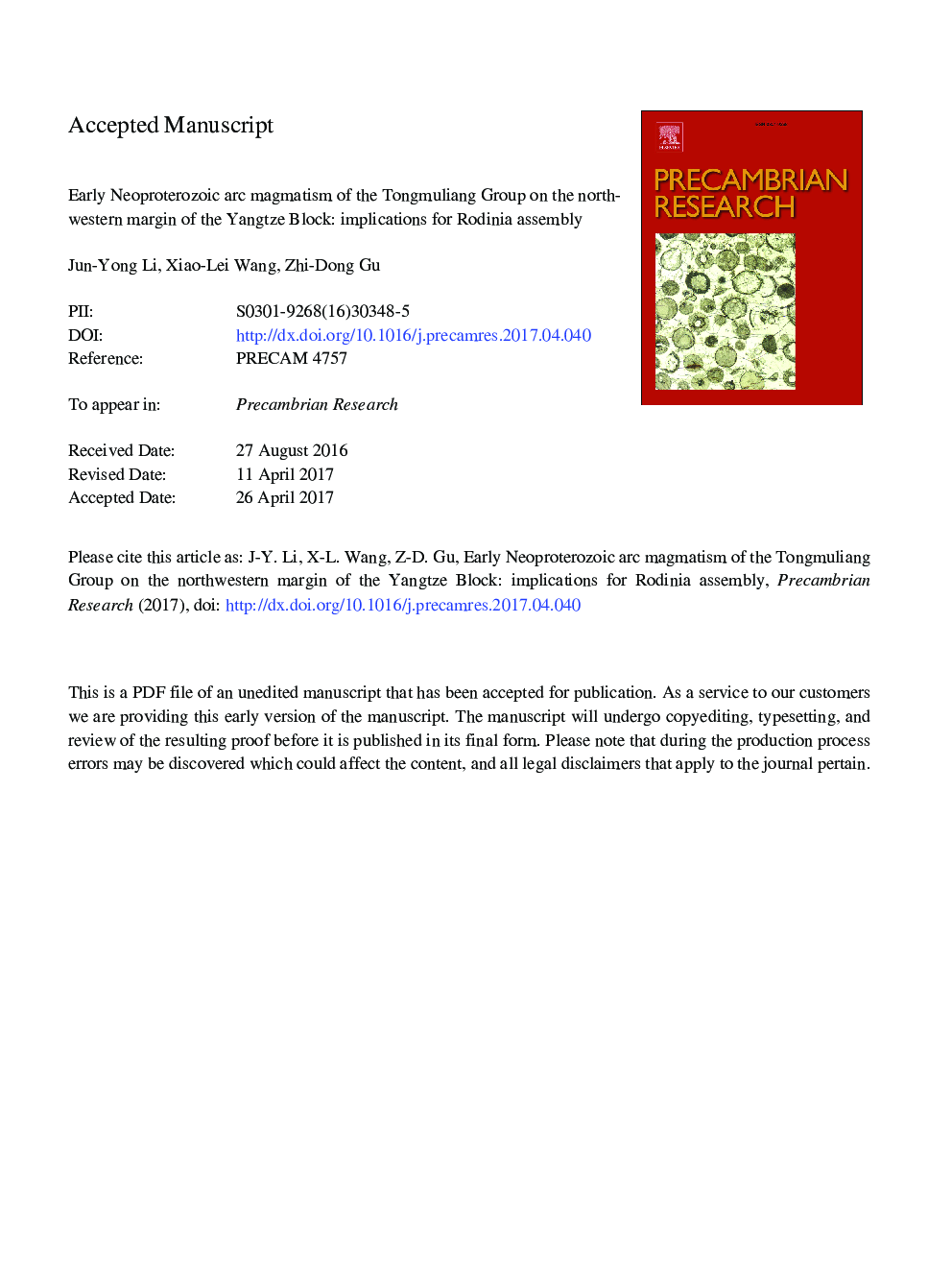 Early Neoproterozoic arc magmatism of the Tongmuliang Group on the northwestern margin of the Yangtze Block: Implications for Rodinia assembly