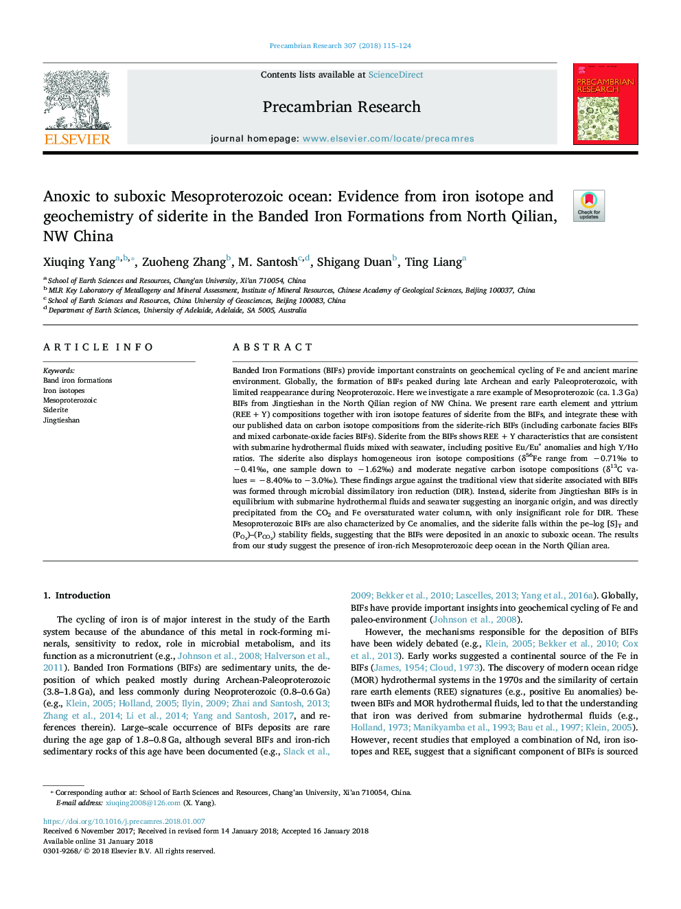 Anoxic to suboxic Mesoproterozoic ocean: Evidence from iron isotope and geochemistry of siderite in the Banded Iron Formations from North Qilian, NW China